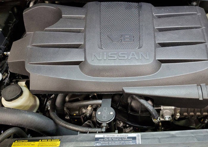 J&L 16-24 Nissan Titan 5.6L Passenger Side Oil Separator 3.0 - Black Anodized