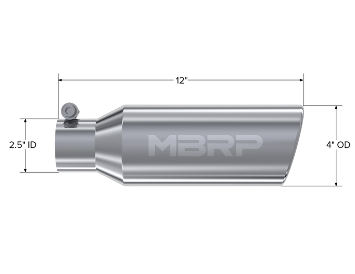 MBRP Universal Tip 4in OD 2.5in Inlet 12in Length Angled Cut Rolled End Clampless No-Weld T304